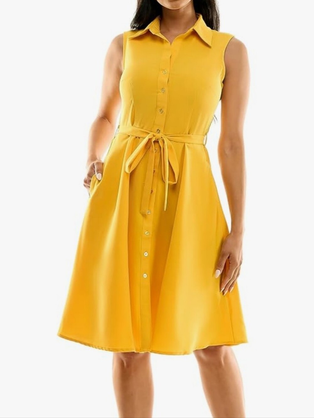 Sharagano Yellow Sleeveless Button-Front Midi Dress with Tie Waist